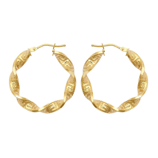 9ct Gold  Greek Key Ribbon Twist 4mm Hoop Earrings 27mm - JER787A