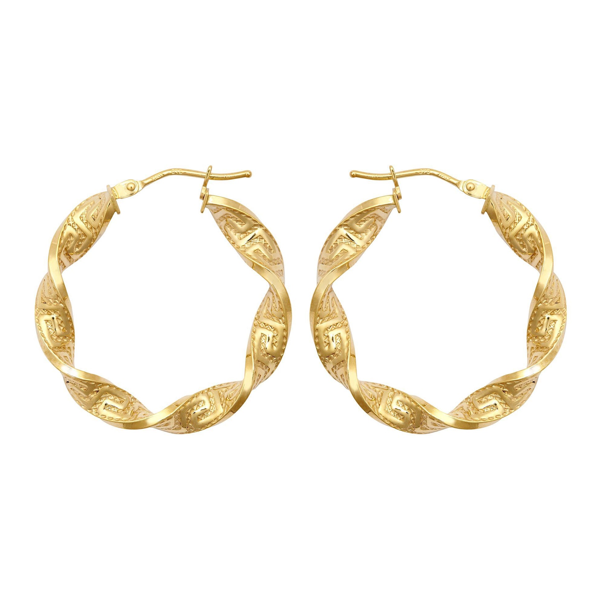 9ct Gold  Greek Key Ribbon Twist 4mm Hoop Earrings 27mm - JER787A