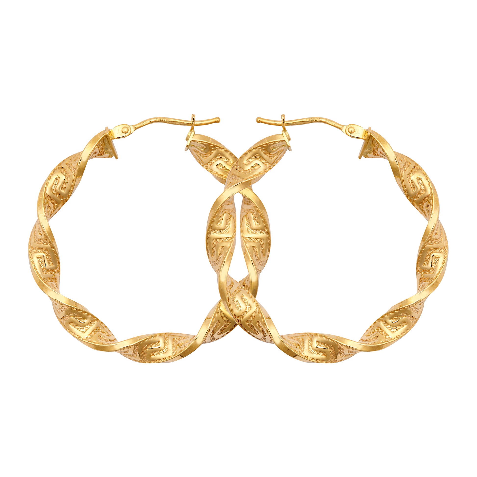 9ct Gold  Greek Key Ribbon Twist 4mm Hoop Earrings 32mm - JER787B
