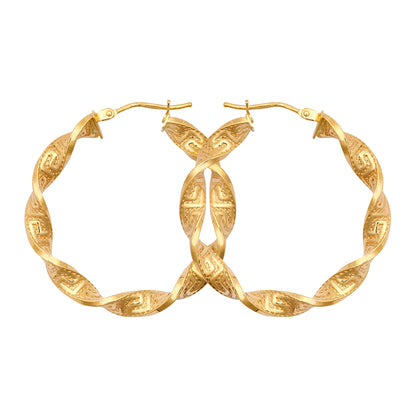 9ct Gold  Greek Key Ribbon Twist 4mm Hoop Earrings 32mm - JER787B