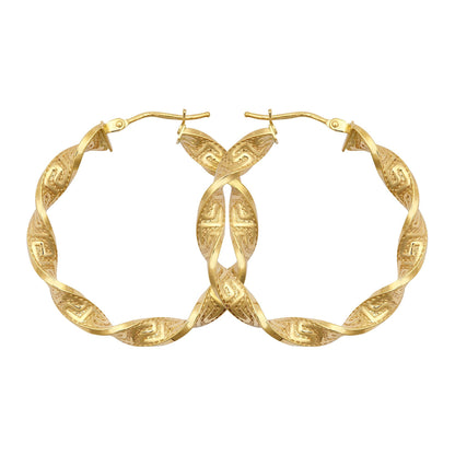 9ct Gold  Greek Key Ribbon Twist 4mm Hoop Earrings 32mm - JER787B
