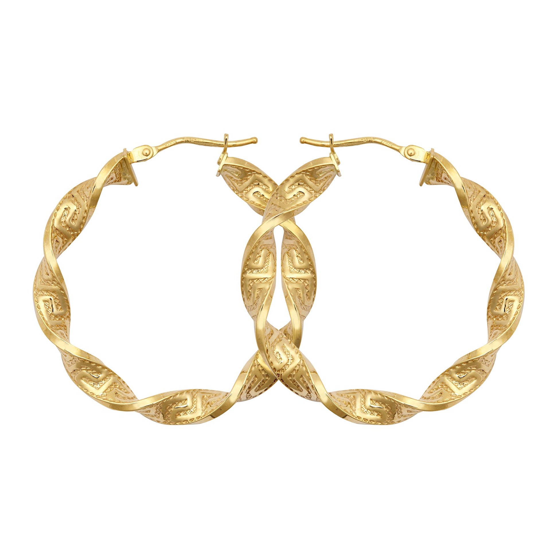 9ct Gold  Greek Key Ribbon Twist 4mm Hoop Earrings 32mm - JER787B