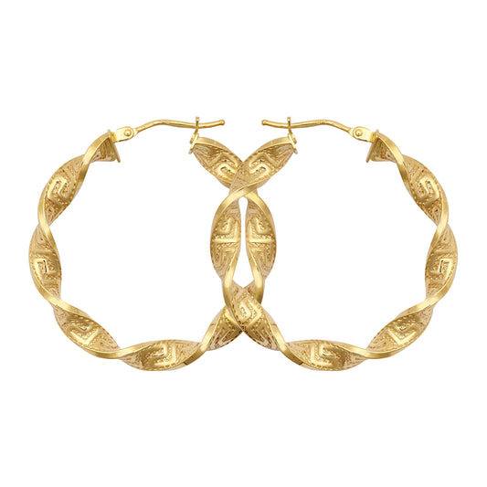 9ct Gold  Greek Key Ribbon Twist 4mm Hoop Earrings 32mm - JER787B
