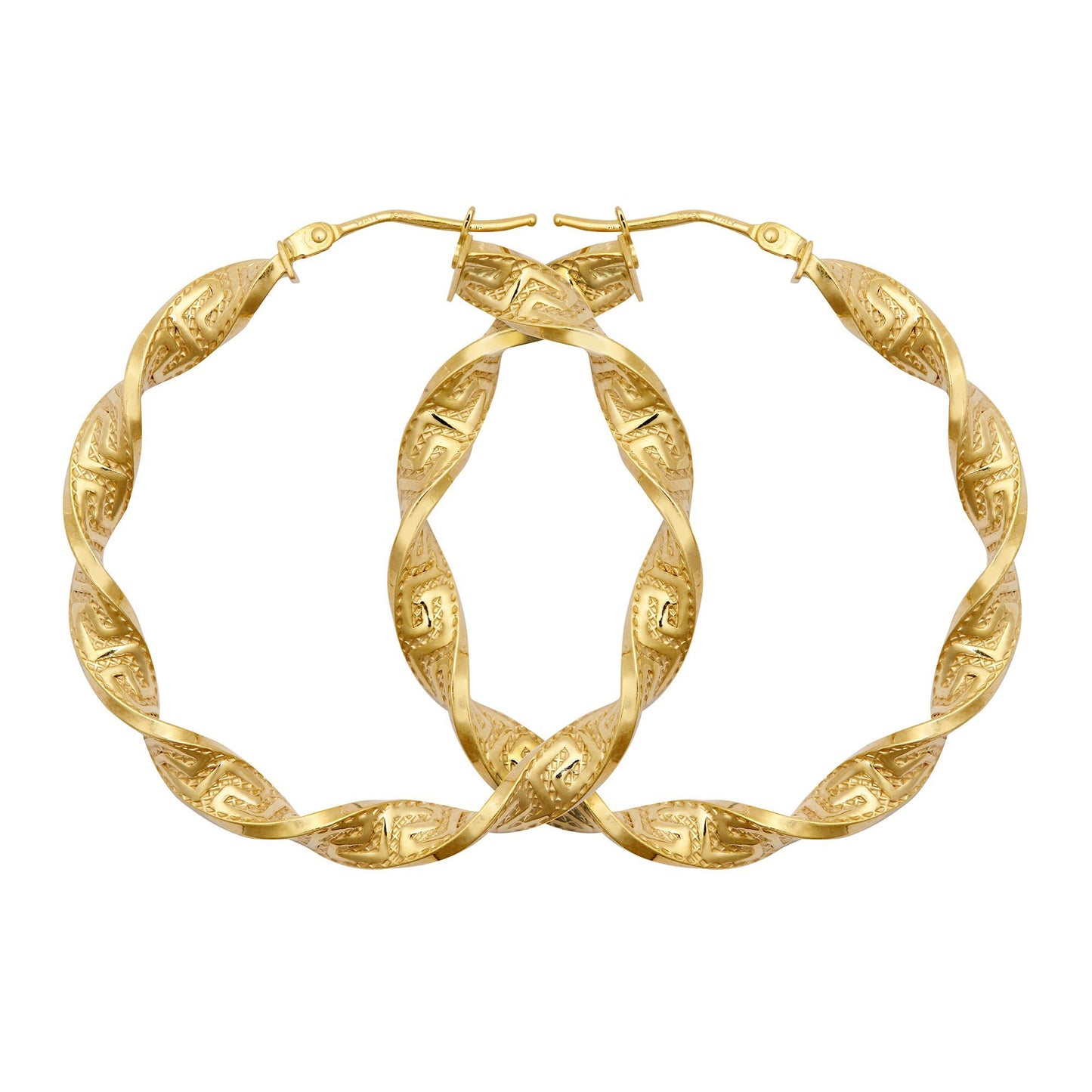 9ct Gold  Greek Key Ribbon Twist 4mm Hoop Earrings 37mm - JER787C
