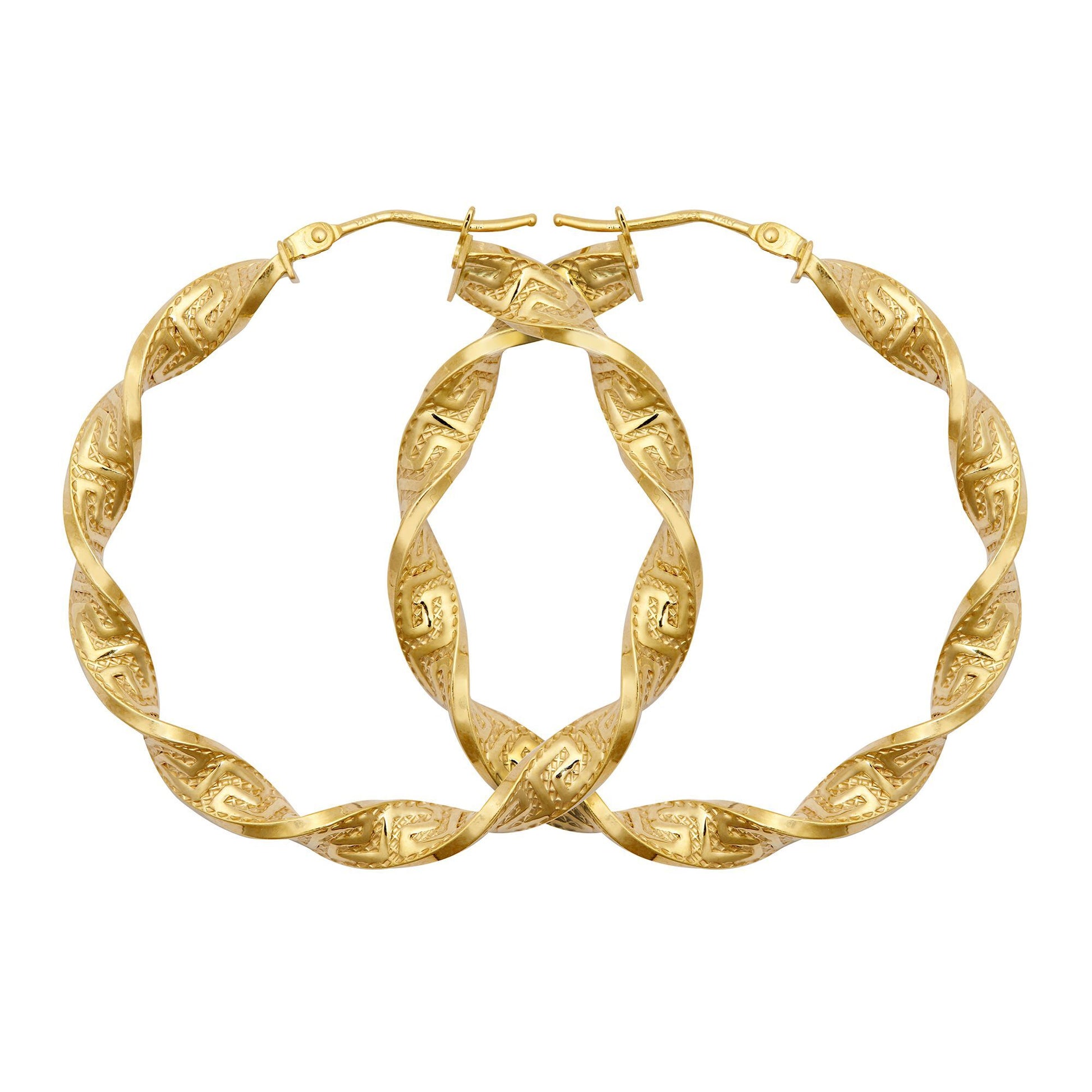 9ct Gold  Greek Key Ribbon Twist 4mm Hoop Earrings 37mm - JER787C
