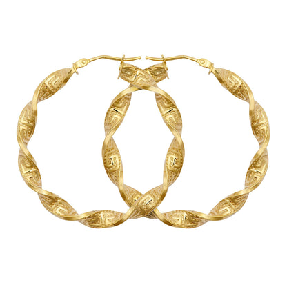 9ct Gold  Greek Key Ribbon Twist 4mm Hoop Earrings 37mm - JER787C