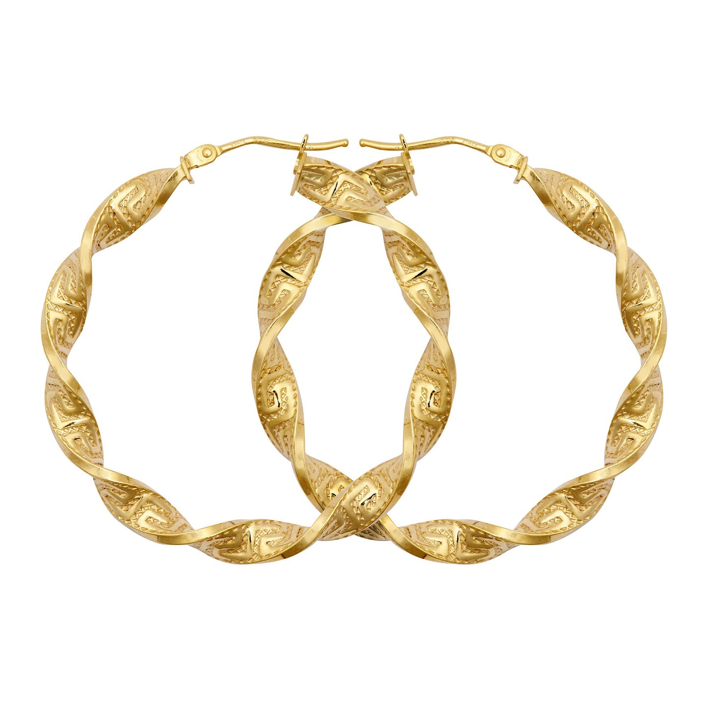 9ct Gold  Greek Key Ribbon Twist 4mm Hoop Earrings 37mm - JER787C