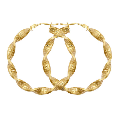 9ct Gold  Greek Key Ribbon Twist 4mm Hoop Earrings 37mm - JER787C