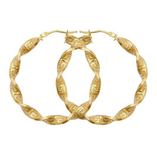 9ct Gold  Greek Key Ribbon Twist 4mm Hoop Earrings 37mm - JER787C