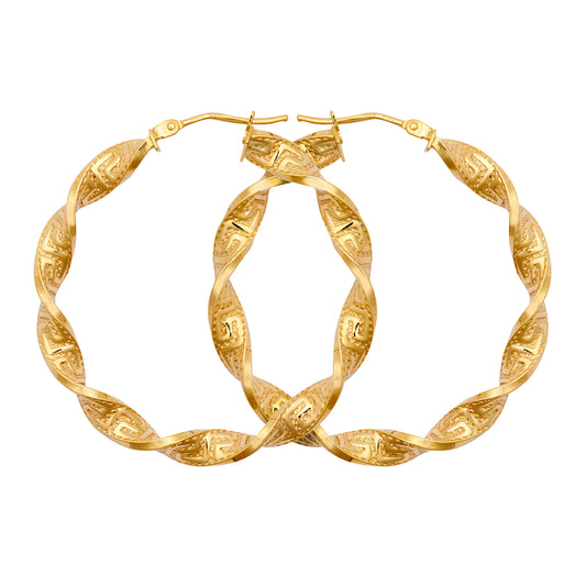 9ct Gold  Greek Key Ribbon Twist 4mm Hoop Earrings 37mm - JER787C