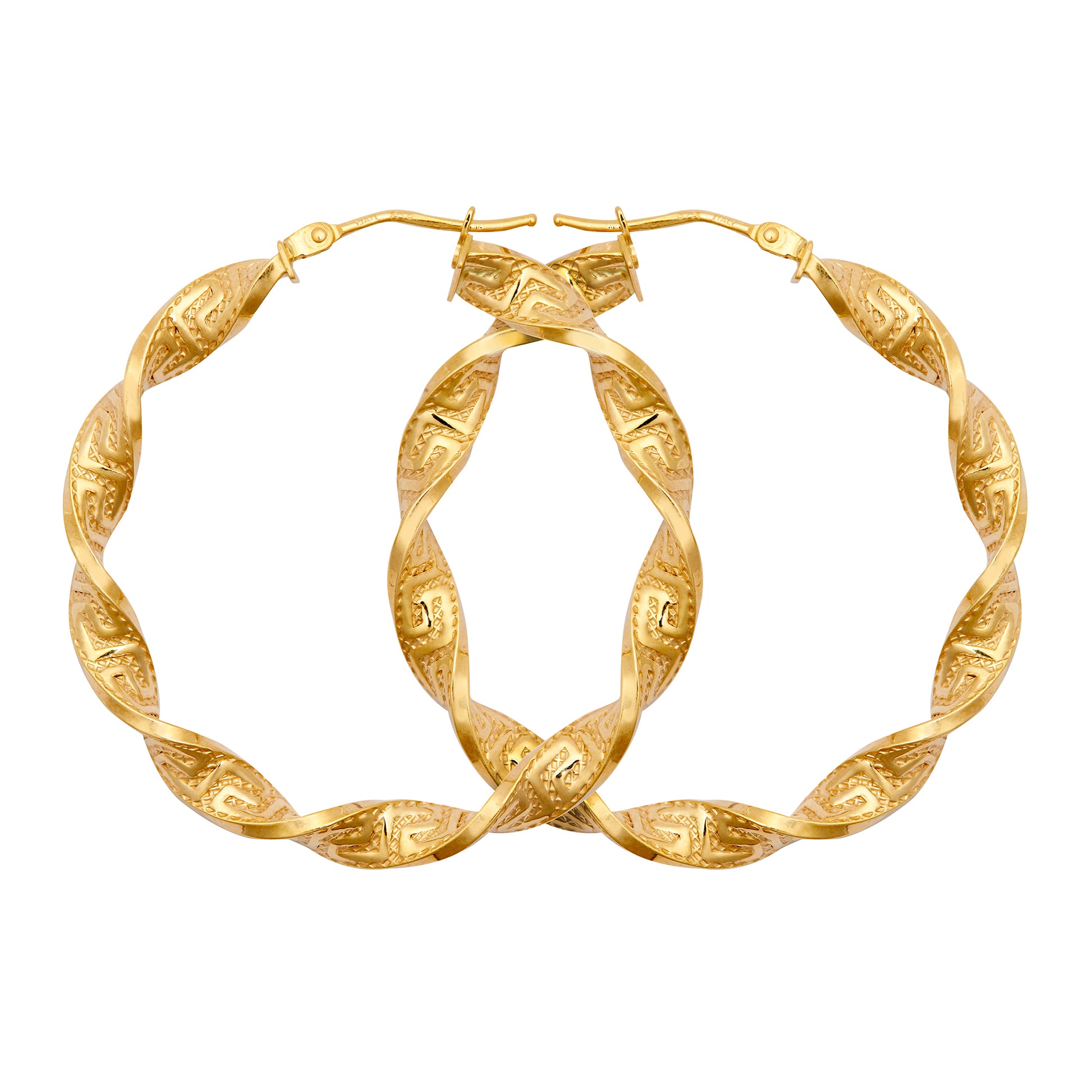 9ct Gold  Greek Key Ribbon Twist 4mm Hoop Earrings 37mm - JER787C