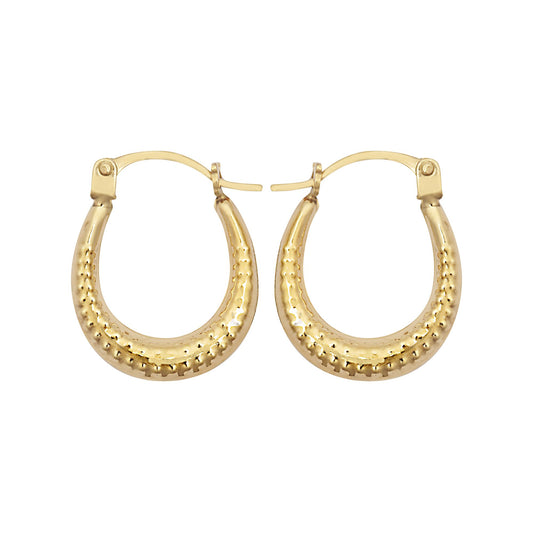 9ct Gold  Beaded Ribbed Crescent Moon Creole Earrings - JER793