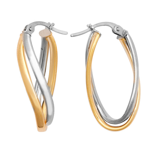 9ct 2-Colour Gold  Wavy Double Oval Hoop Creole Earrings - JER800