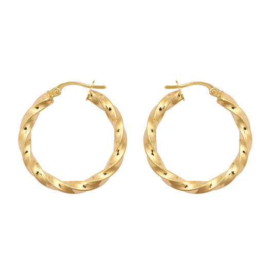 9ct Gold  Square Tube Liquorice Twist 3mm Hoop Earrings 26mm - JER804C