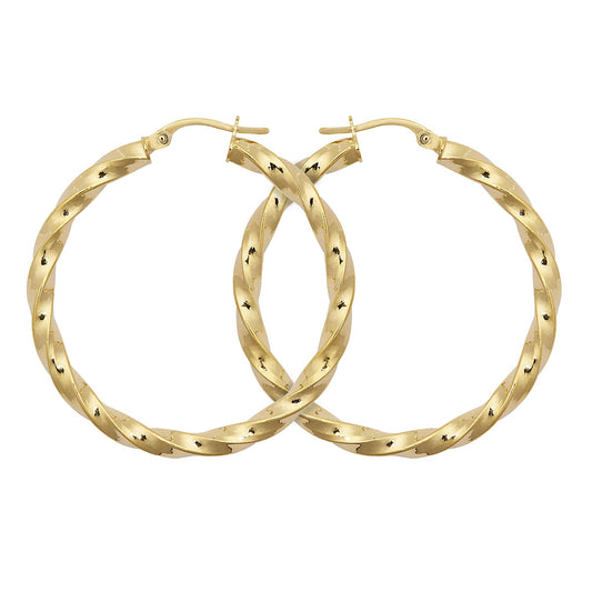 9ct Gold  Square Tube Liquorice Twist 3mm Hoop Earrings 35mm - JER804D