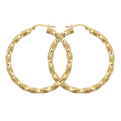 9ct Gold  Square Tube Liquorice Twist 3mm Hoop Earrings 35mm - JER804D