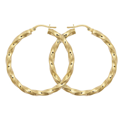 9ct Gold  Square Tube Liquorice Twist 3mm Hoop Earrings 35mm - JER804D