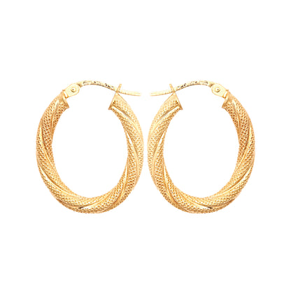 9ct Gold  Snake Skin Mesh Twist Oval Hoop 2.5mm Creole Earrings - JER815