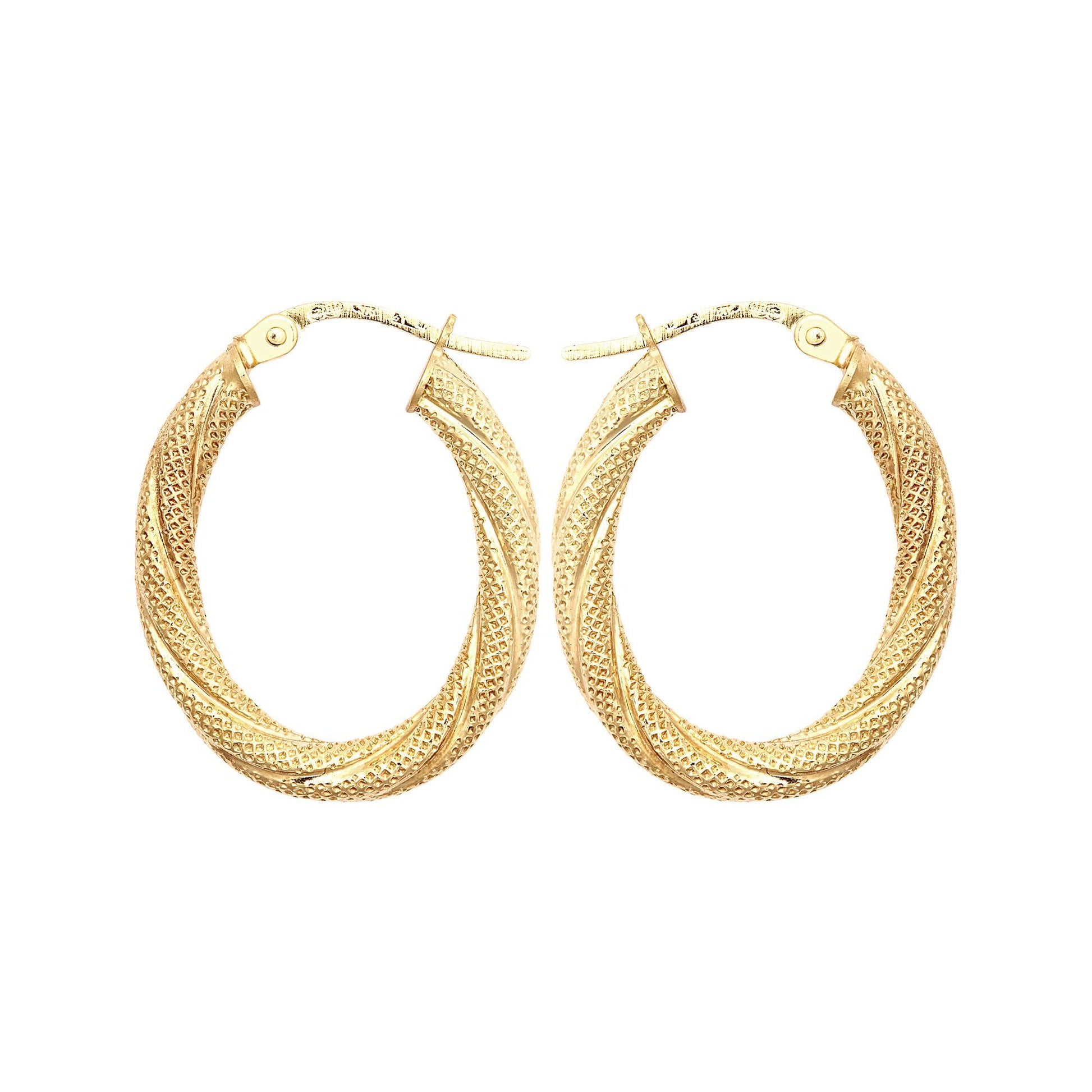 9ct Gold  Snake Skin Mesh Twist Oval Hoop 2.5mm Creole Earrings - JER815