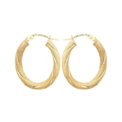 9ct Gold  Snake Skin Mesh Twist Oval Hoop 2.5mm Creole Earrings - JER815