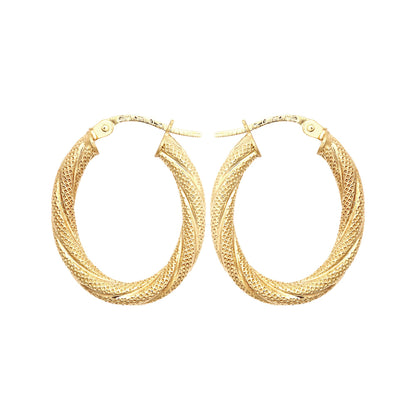 9ct Gold  Snake Skin Mesh Twist Oval Hoop 2.5mm Creole Earrings - JER815