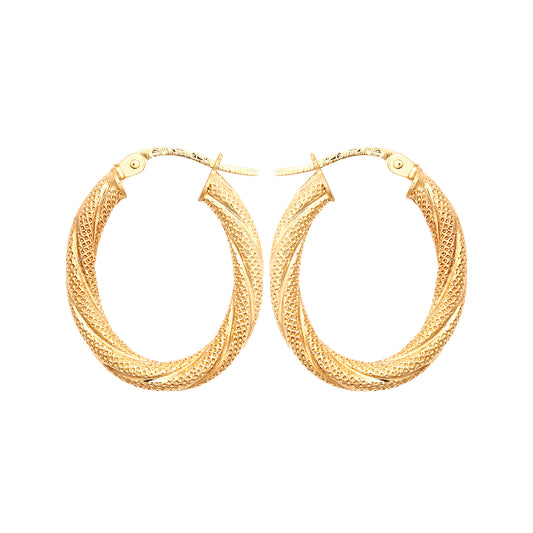 9ct Gold  Snake Skin Mesh Twist Oval Hoop 2.5mm Creole Earrings - JER815