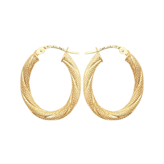 9ct Gold  Snake Skin Mesh Twist Oval Hoop 2.5mm Creole Earrings - JER815