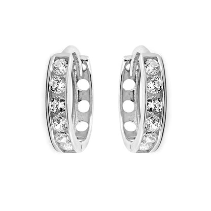 9ct White Gold  CZ Eternity 2mm Huggie Hoop Earrings 11mm - JER816