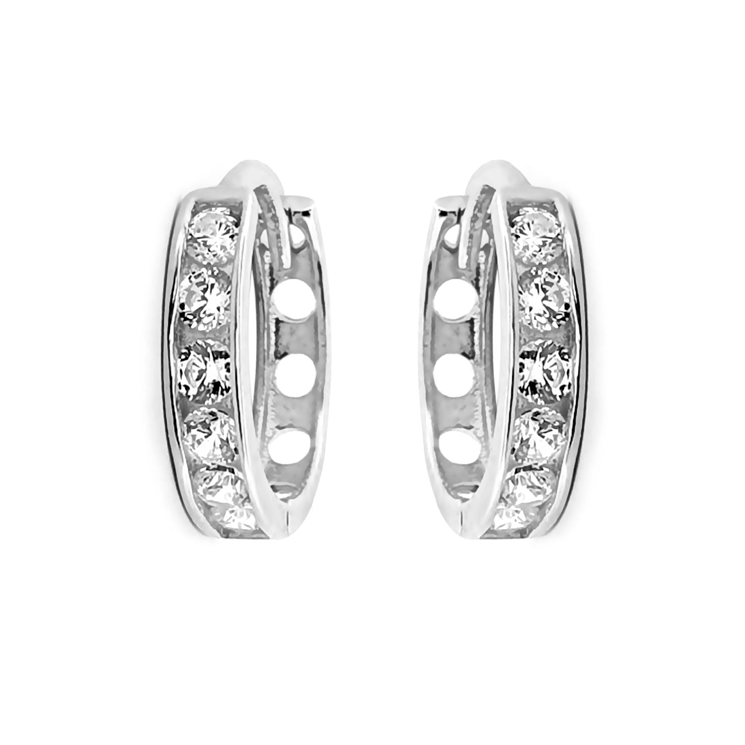 9ct White Gold  CZ Eternity 2mm Huggie Hoop Earrings 11mm - JER816
