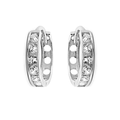 9ct White Gold  CZ Eternity 2mm Huggie Hoop Earrings 11mm - JER816
