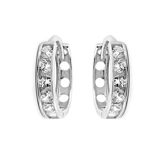 9ct White Gold  CZ Eternity 2mm Huggie Hoop Earrings 11mm - JER816