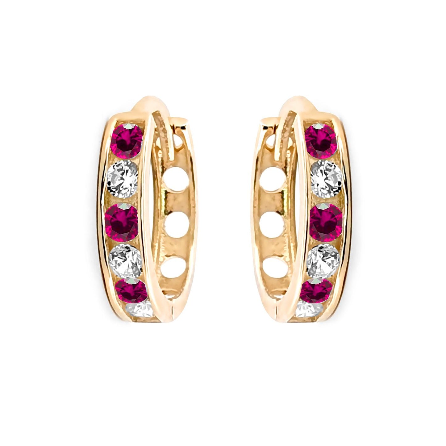 9ct Gold  Red CZ Eternity 2mm Huggie Hoop Earrings 11mm - JER818