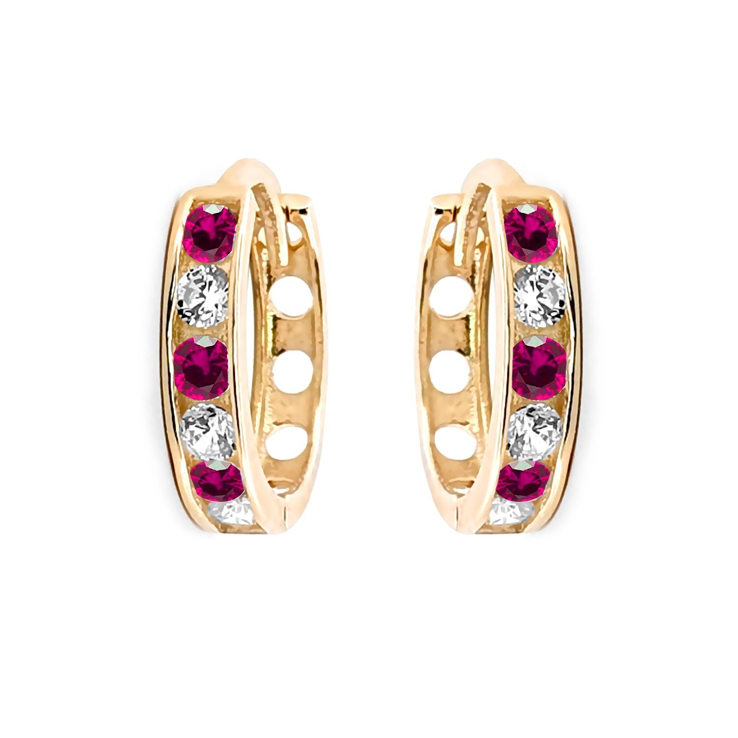 9ct Gold  Red CZ Eternity 2mm Huggie Hoop Earrings 11mm - JER818