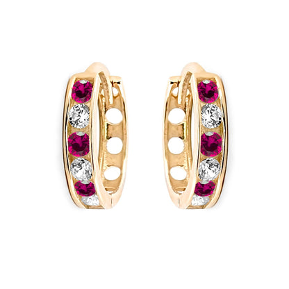 9ct Gold  Red CZ Eternity 2mm Huggie Hoop Earrings 11mm - JER818