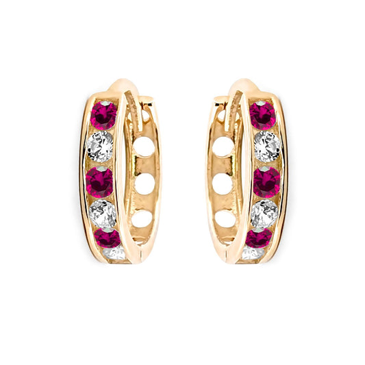 9ct Gold  Red CZ Eternity 2mm Huggie Hoop Earrings 11mm - JER818