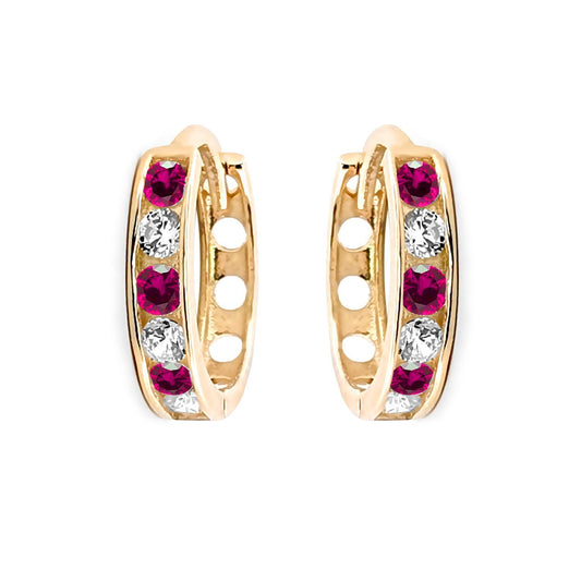 9ct Gold Red CZ Eternity 2mm Huggie Hoop Earrings 11mm - JER818
