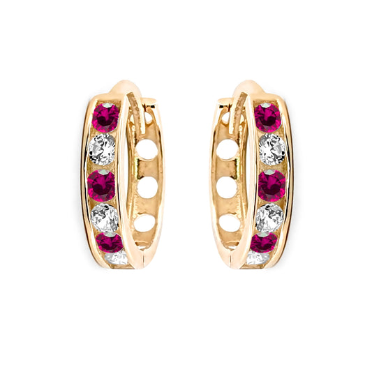 9ct Gold  Red CZ Eternity 2mm Huggie Hoop Earrings 11mm - JER818