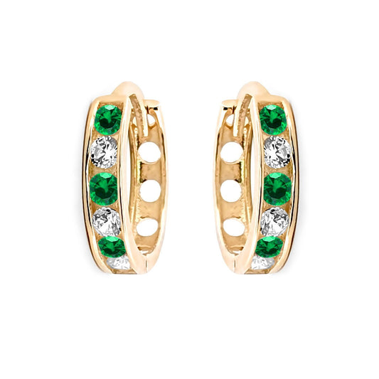 9ct Gold  Green CZ Eternity 2mm Huggie Hoop Earrings 11mm - JER820