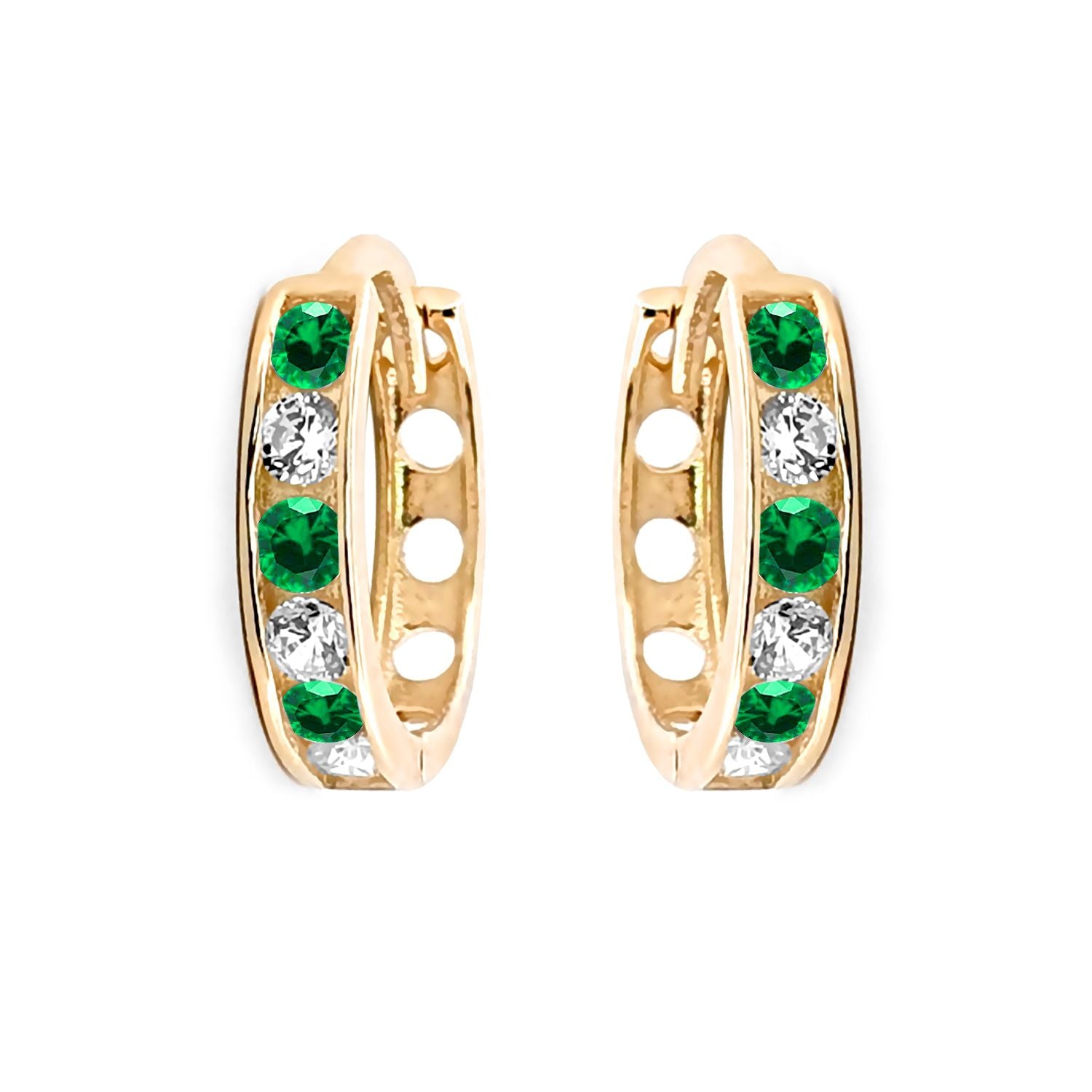 9ct Gold  Green CZ Eternity 2mm Huggie Hoop Earrings 11mm - JER820