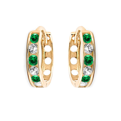 9ct Gold  Green CZ Eternity 2mm Huggie Hoop Earrings 11mm - JER820