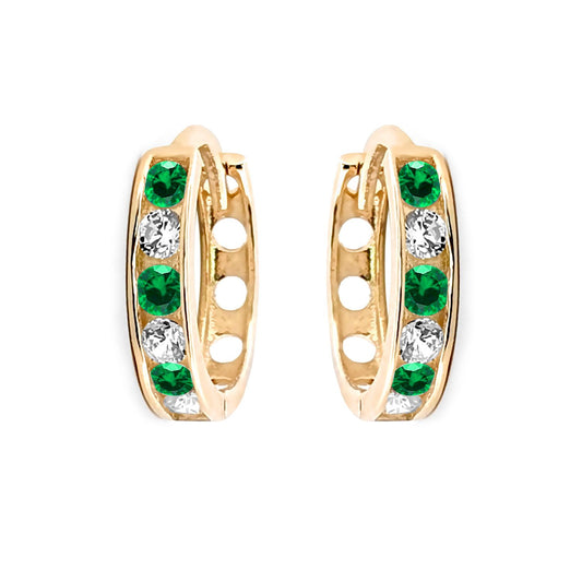 9ct Gold  Green CZ Eternity 2mm Huggie Hoop Earrings 11mm - JER820