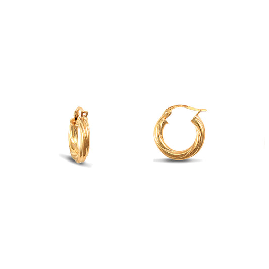 Ladies 14ct Gold  Liqourice Rigatoni Twist 3mm Hoop Earrings 15mm - JER823A