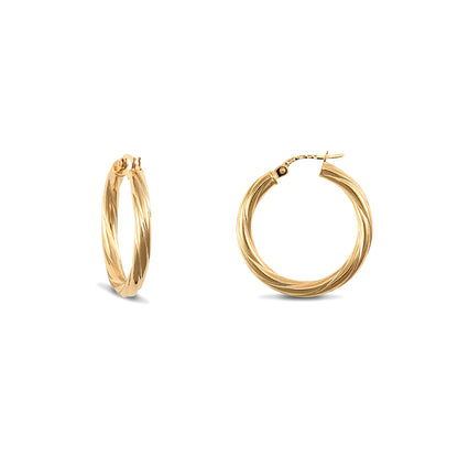 Ladies 14ct Gold  Liqourice Rigatoni Twist 3mm Hoop Earrings 25mm - JER823C