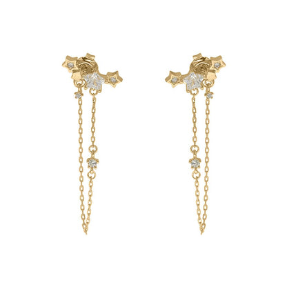 9ct Gold  Star CZ Cluster Shoulder Duster Chain Drop Earrings - JER825