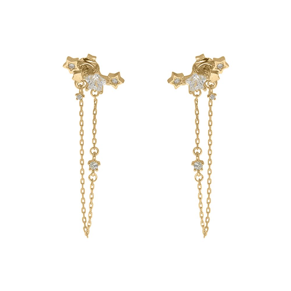 9ct Gold  Star CZ Cluster Shoulder Duster Chain Drop Earrings - JER825
