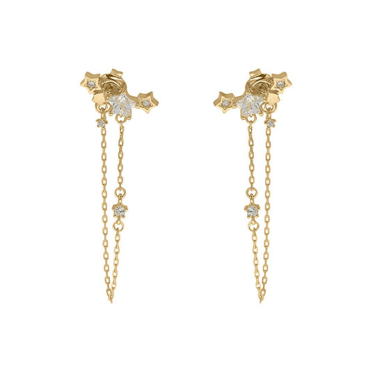 9ct Gold  Star CZ Cluster Shoulder Duster Chain Drop Earrings - JER825