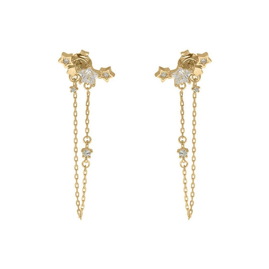 9ct Gold  Star CZ Cluster Shoulder Duster Chain Drop Earrings - JER825