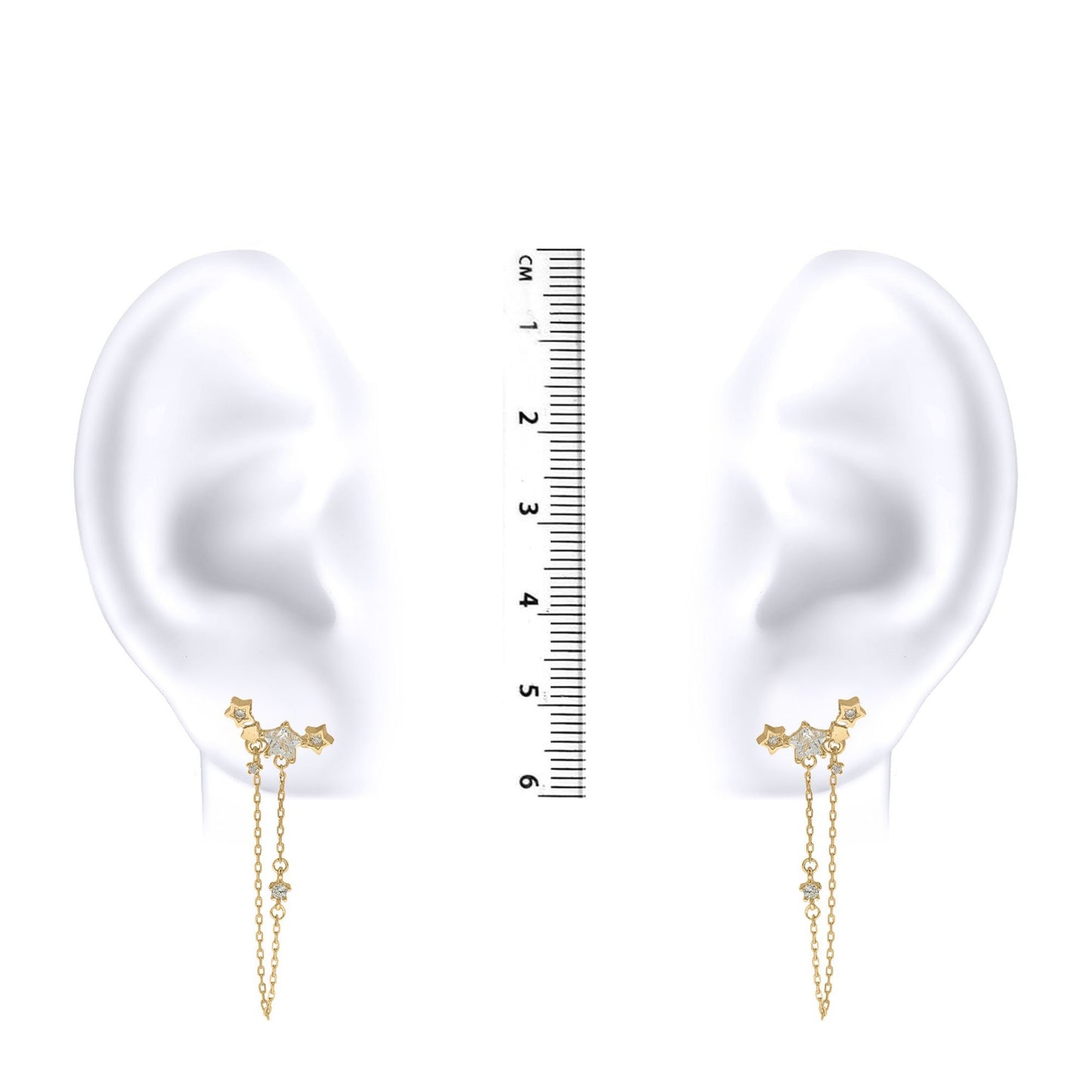 9ct Gold  Star CZ Cluster Shoulder Duster Chain Drop Earrings - JER825