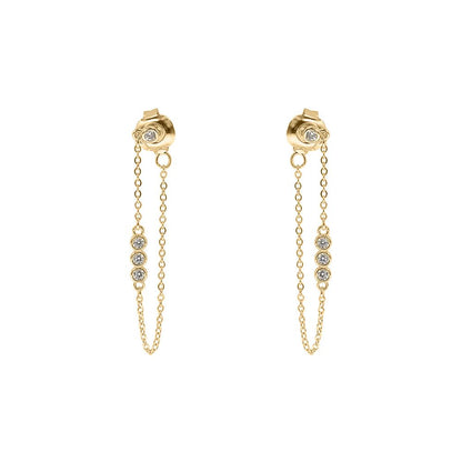 Ladies 9ct Gold  CZ Trilogy Shoulder Duster Chain Drop Earrings - JER827