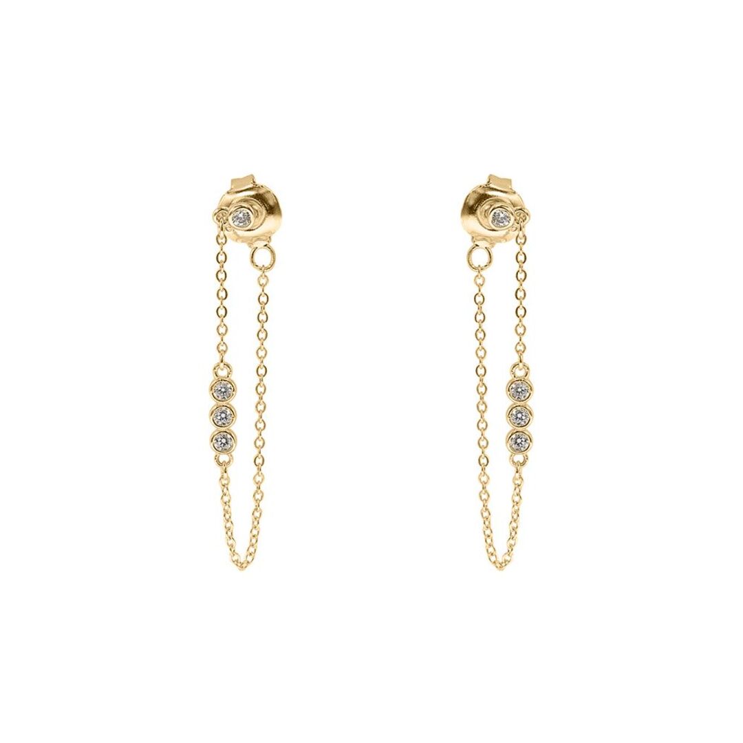 Ladies 9ct Gold  CZ Trilogy Shoulder Duster Chain Drop Earrings - JER827